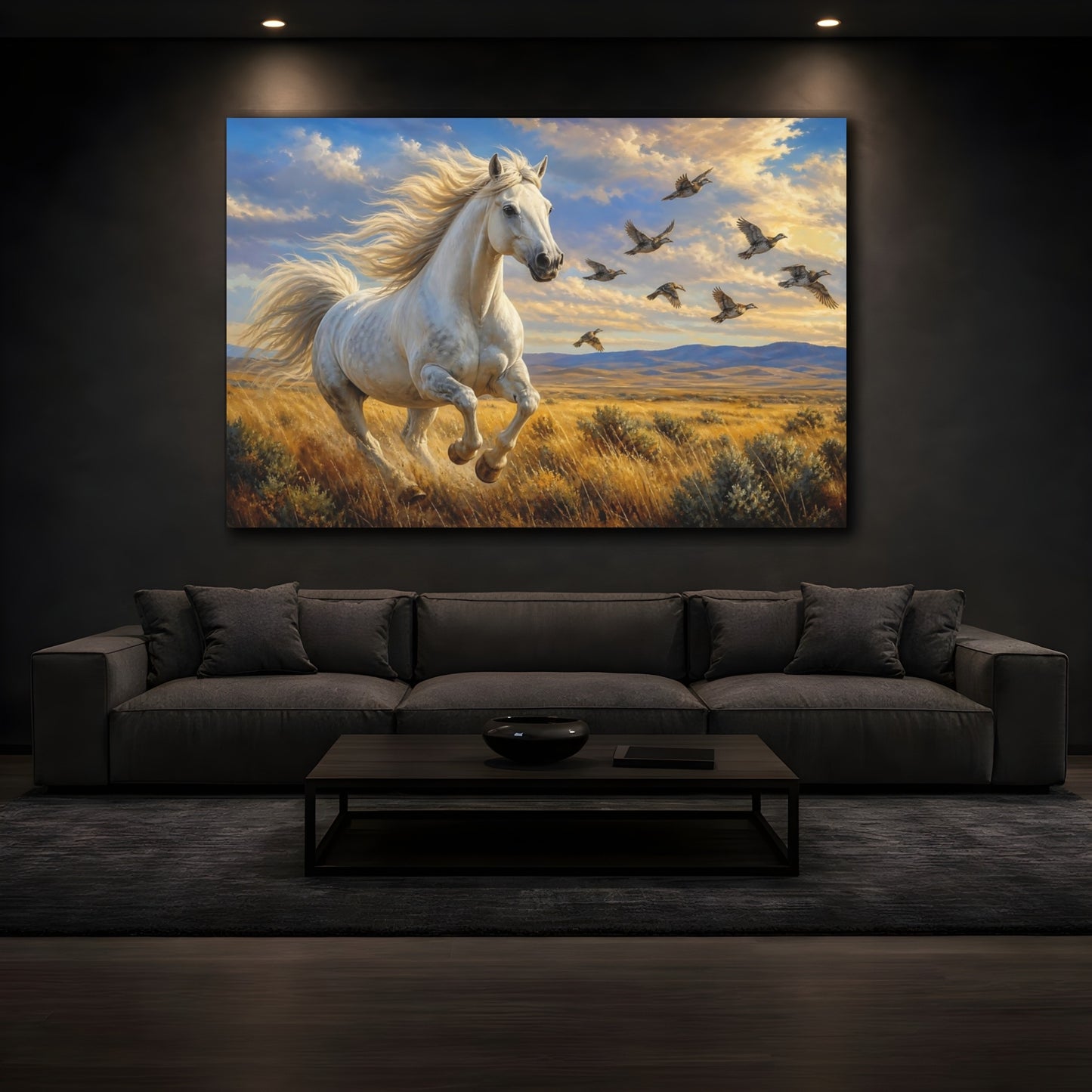 Mockup 4. Rich Layered Realism Horse And Birds In Windblown Prairie shown as stretched canvas wall art