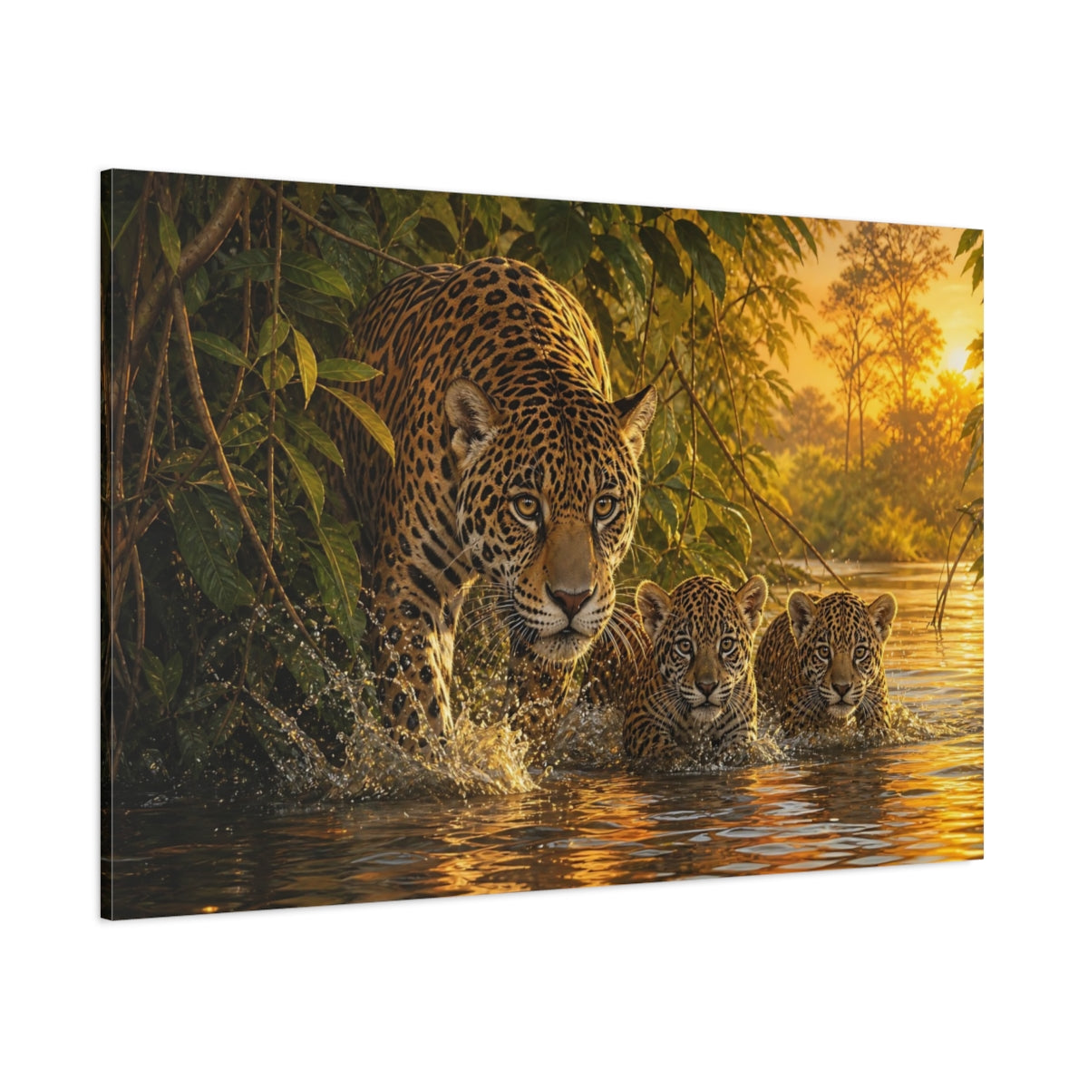 Side Mockup 1. Rich Layered Realism Jaguar Emerging From River Foliage shown as stretched canvas wall art