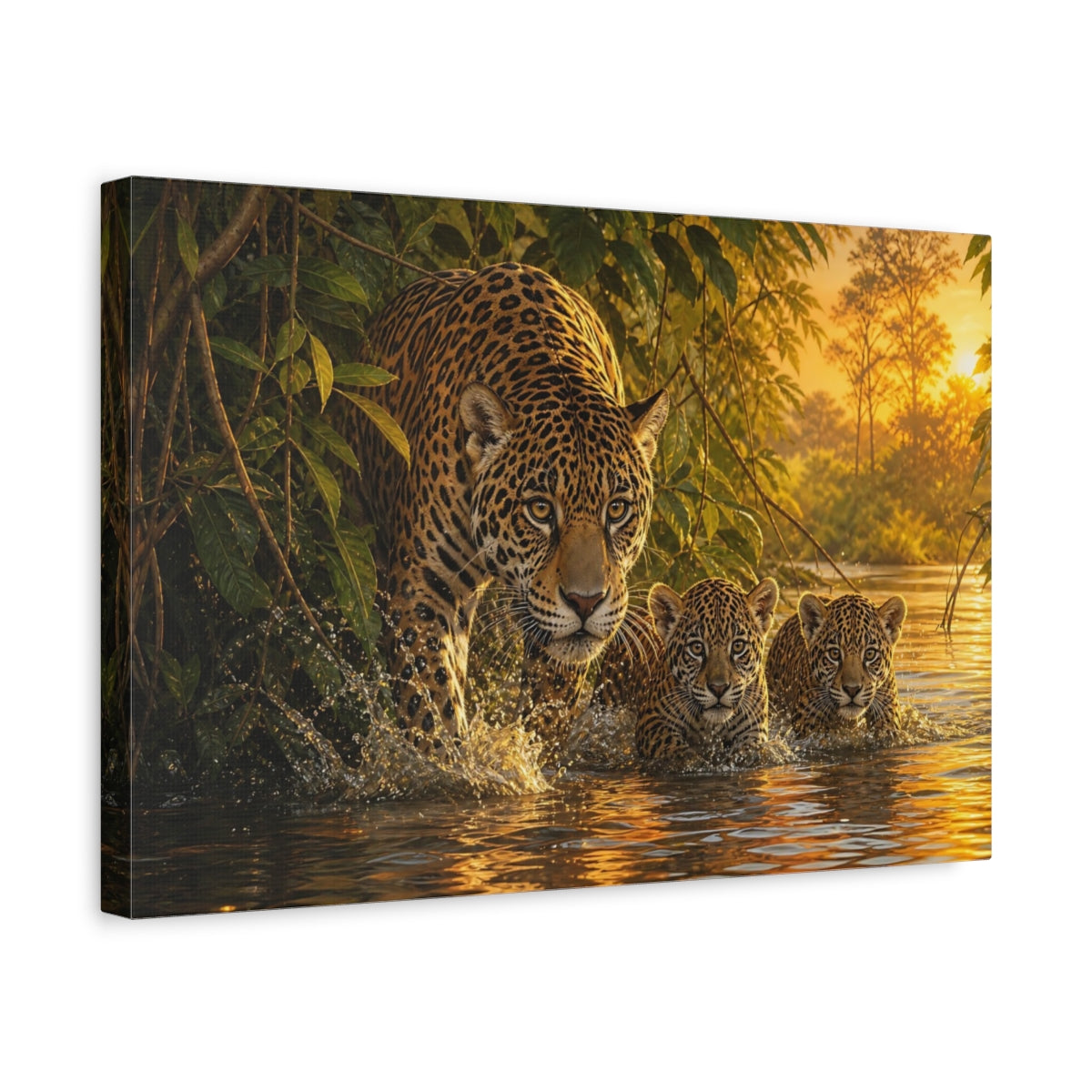Side Mockup 4. Rich Layered Realism Jaguar Emerging From River Foliage shown as stretched canvas wall art