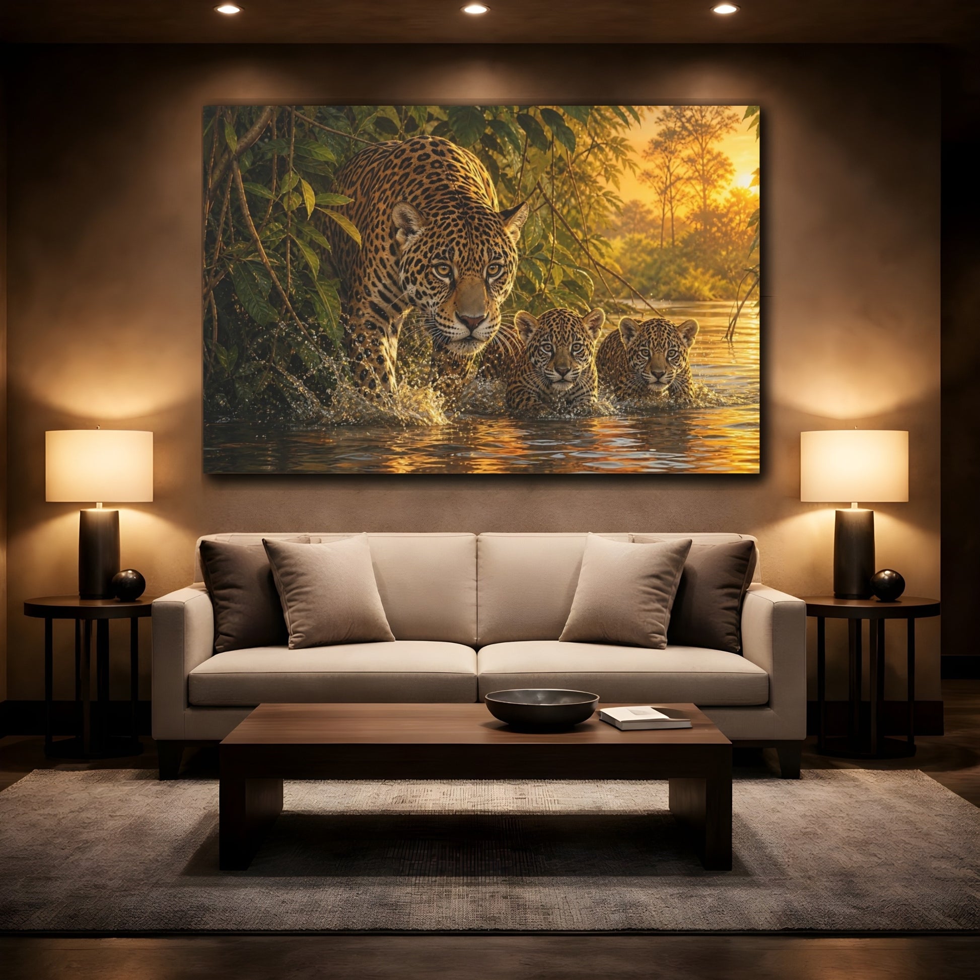 Mockup 2. Rich Layered Realism Jaguar Emerging From River Foliage shown as stretched canvas wall art