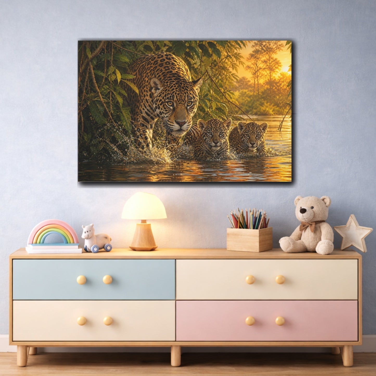 Mockup 3. Rich Layered Realism Jaguar Emerging From River Foliage shown as stretched canvas wall art