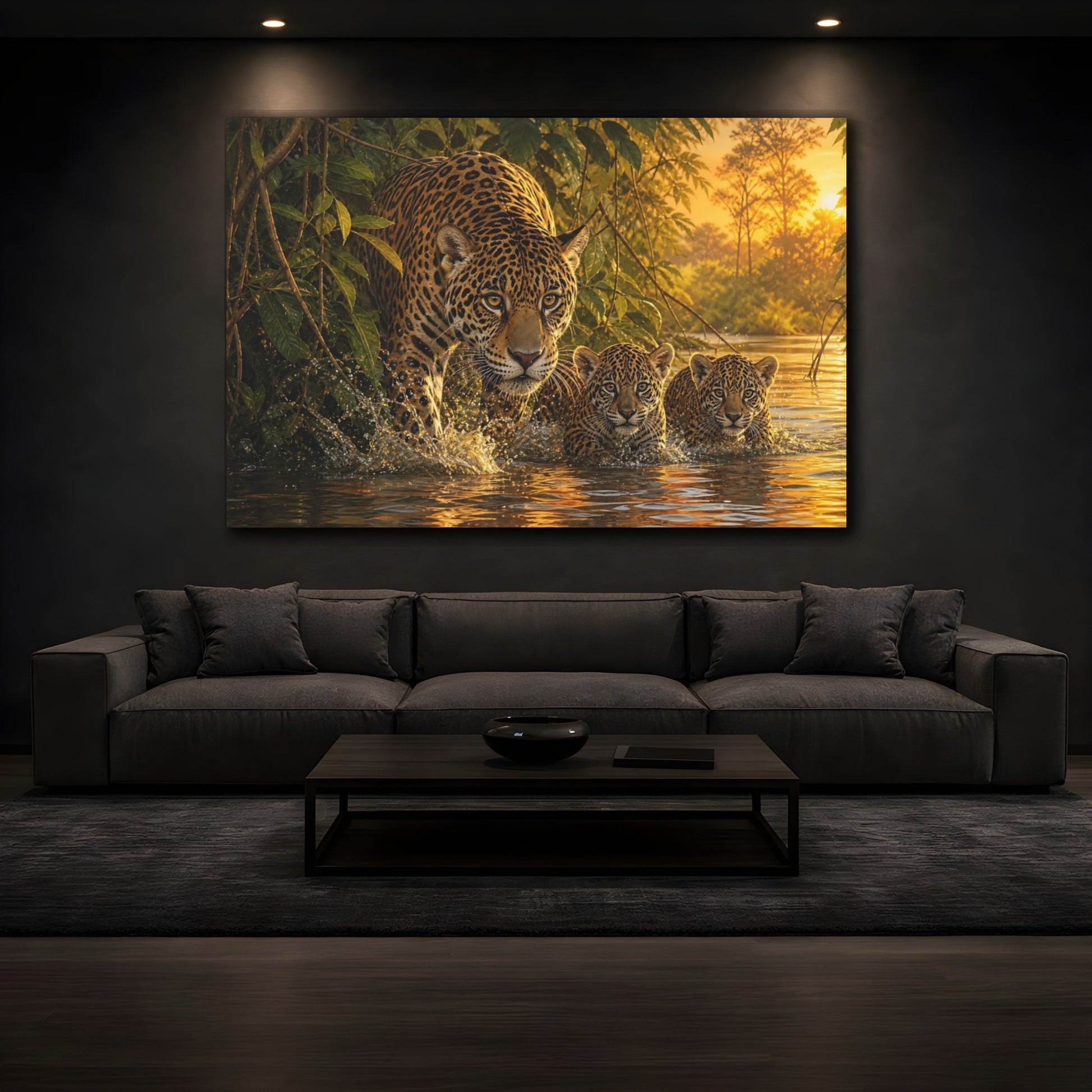 Mockup 4. Rich Layered Realism Jaguar Emerging From River Foliage shown as stretched canvas wall art