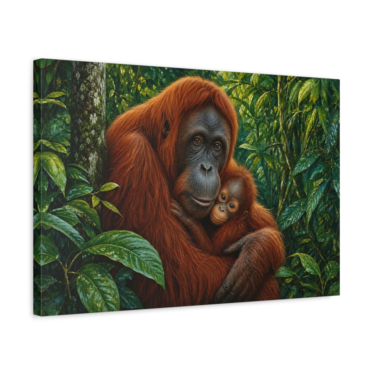 Side Mockup 3. Rich Layered Realism Orangutan Holding Baby In Rainforest shown as stretched canvas wall art