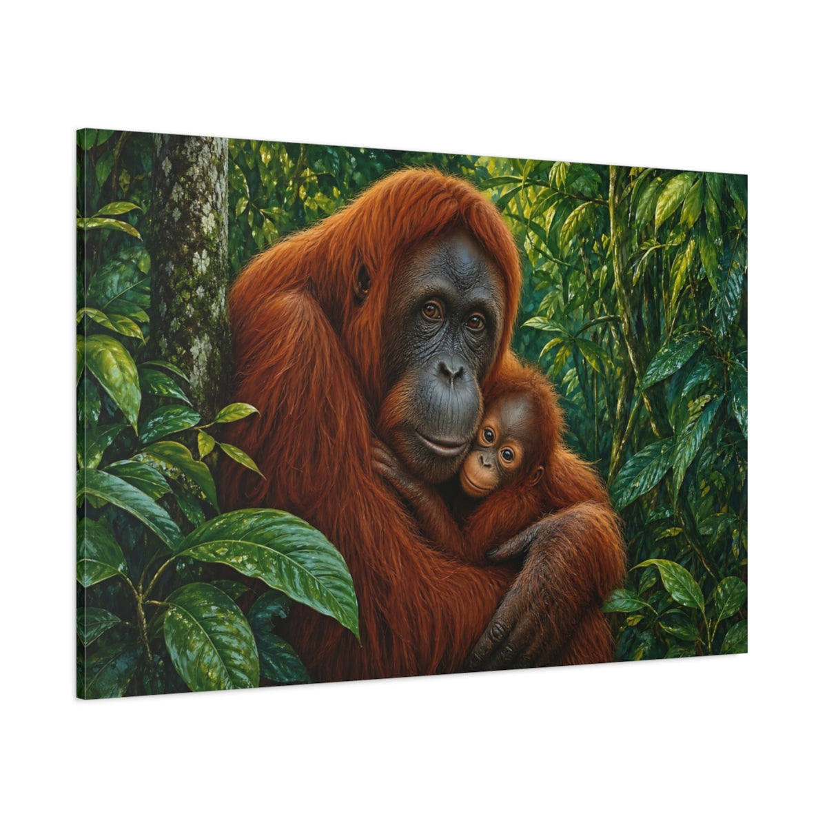 Side Mockup 1. Rich Layered Realism Orangutan Holding Baby In Rainforest shown as stretched canvas wall art