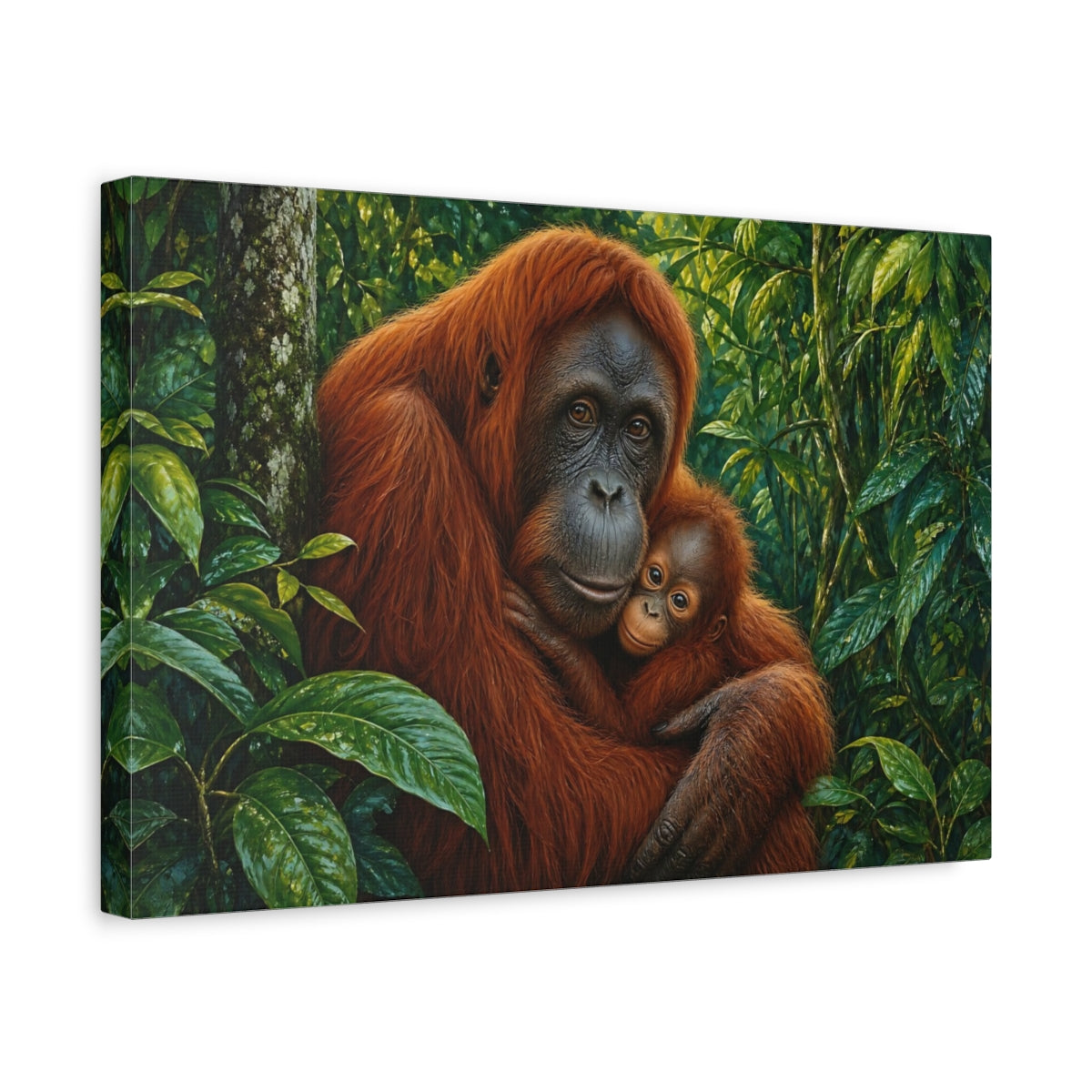 Side Mockup 4. Rich Layered Realism Orangutan Holding Baby In Rainforest shown as stretched canvas wall art
