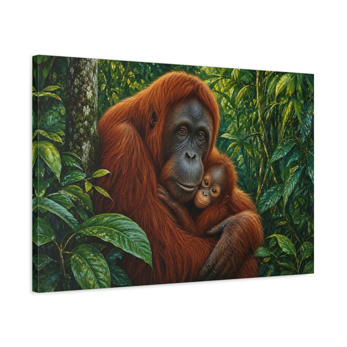 Side Mockup 2. Rich Layered Realism Orangutan Holding Baby In Rainforest shown as stretched canvas wall art