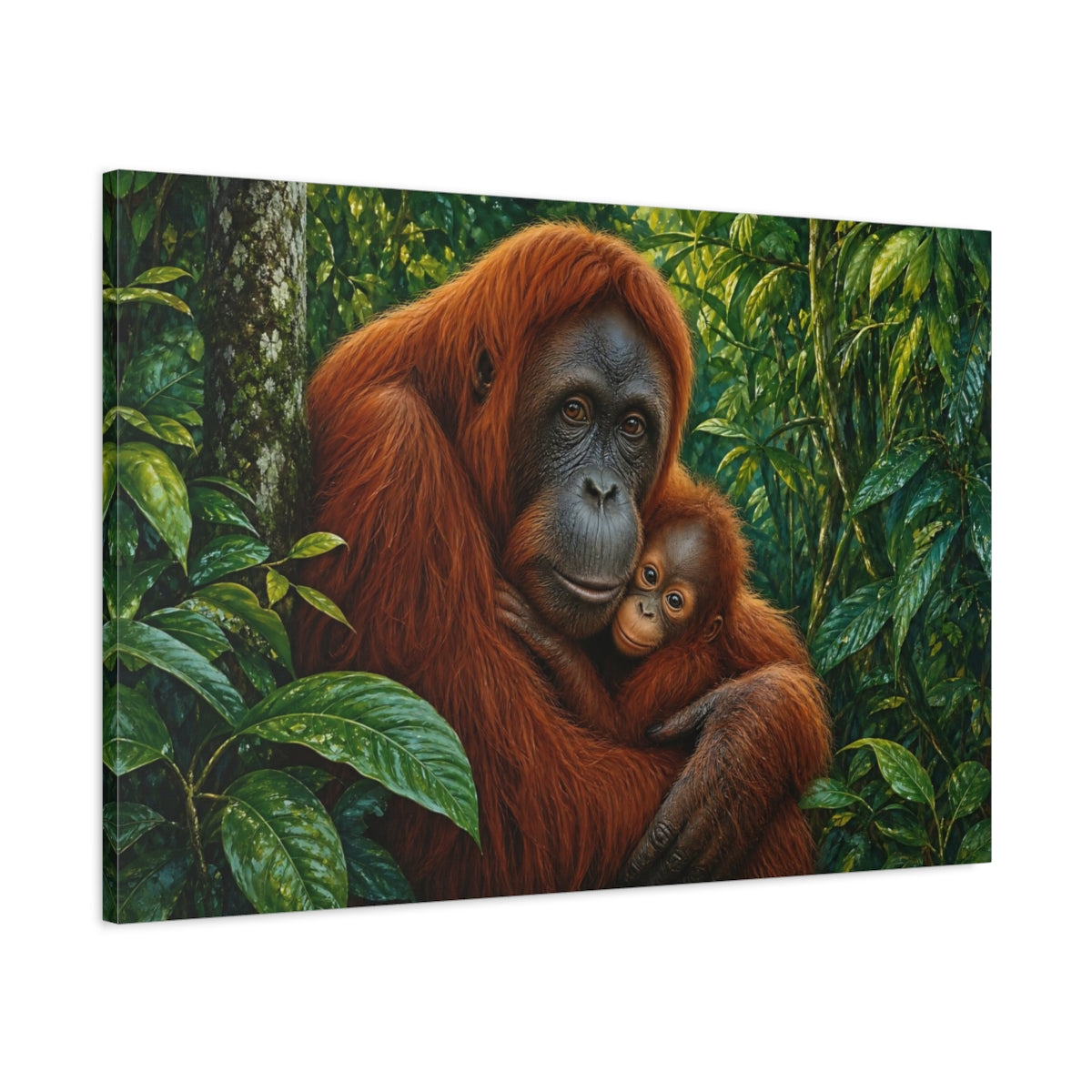 Main Mockup. Rich Layered Realism Orangutan Holding Baby In Rainforest shown as stretched canvas wall art