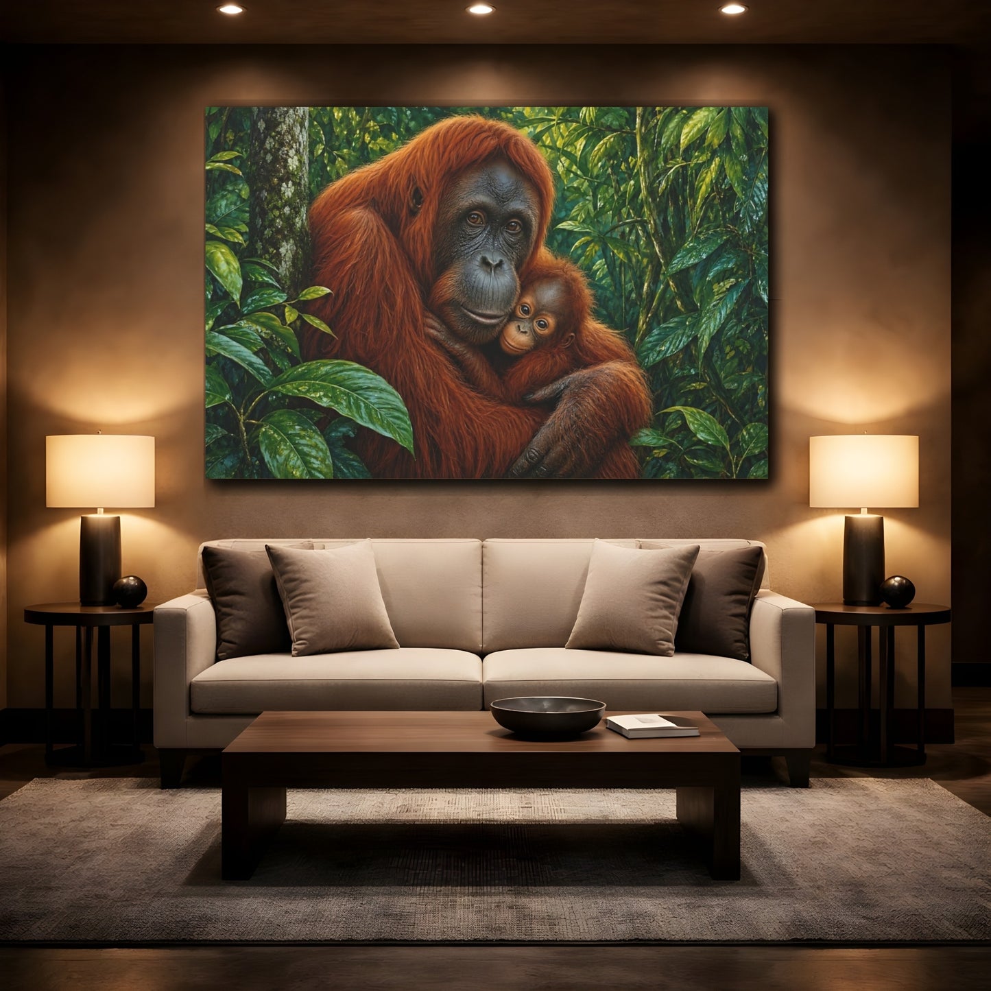 Mockup 2. Rich Layered Realism Orangutan Holding Baby In Rainforest shown as stretched canvas wall art