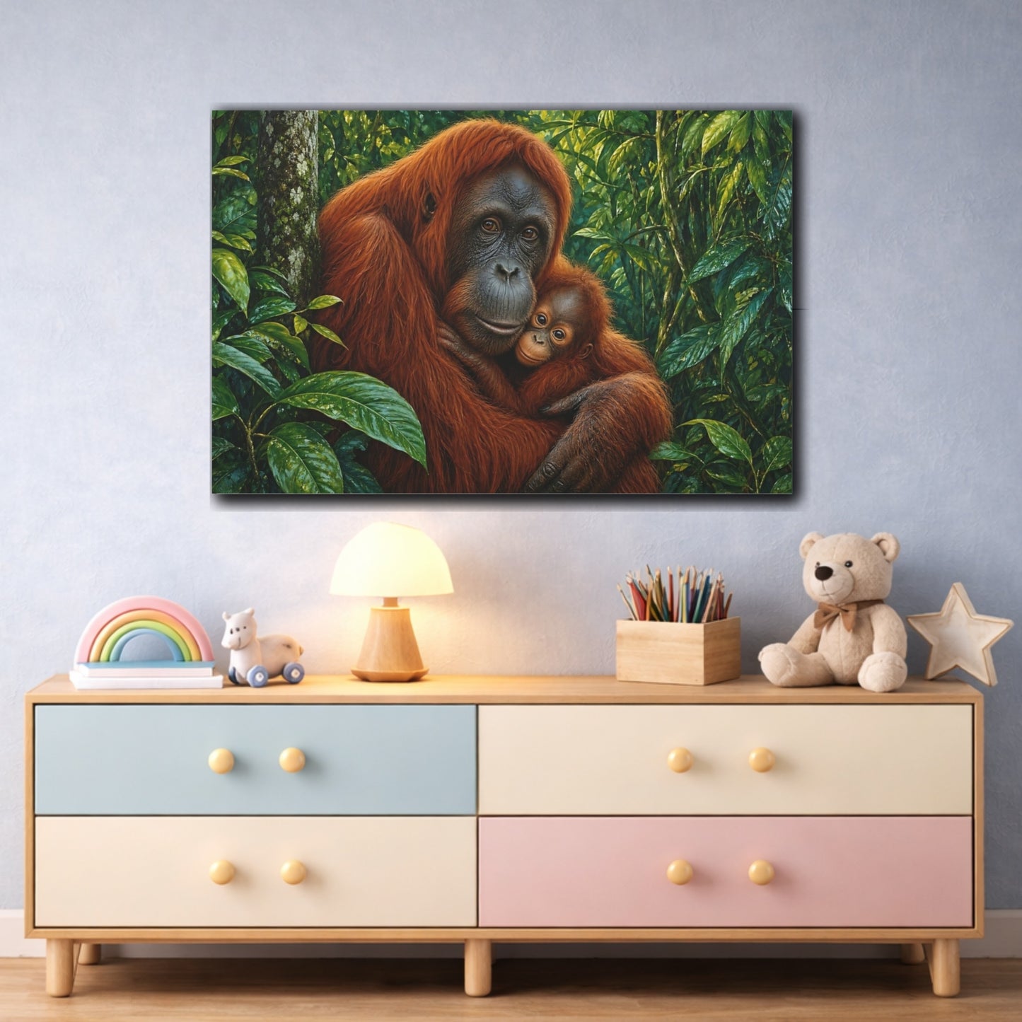 Mockup 3. Rich Layered Realism Orangutan Holding Baby In Rainforest shown as stretched canvas wall art