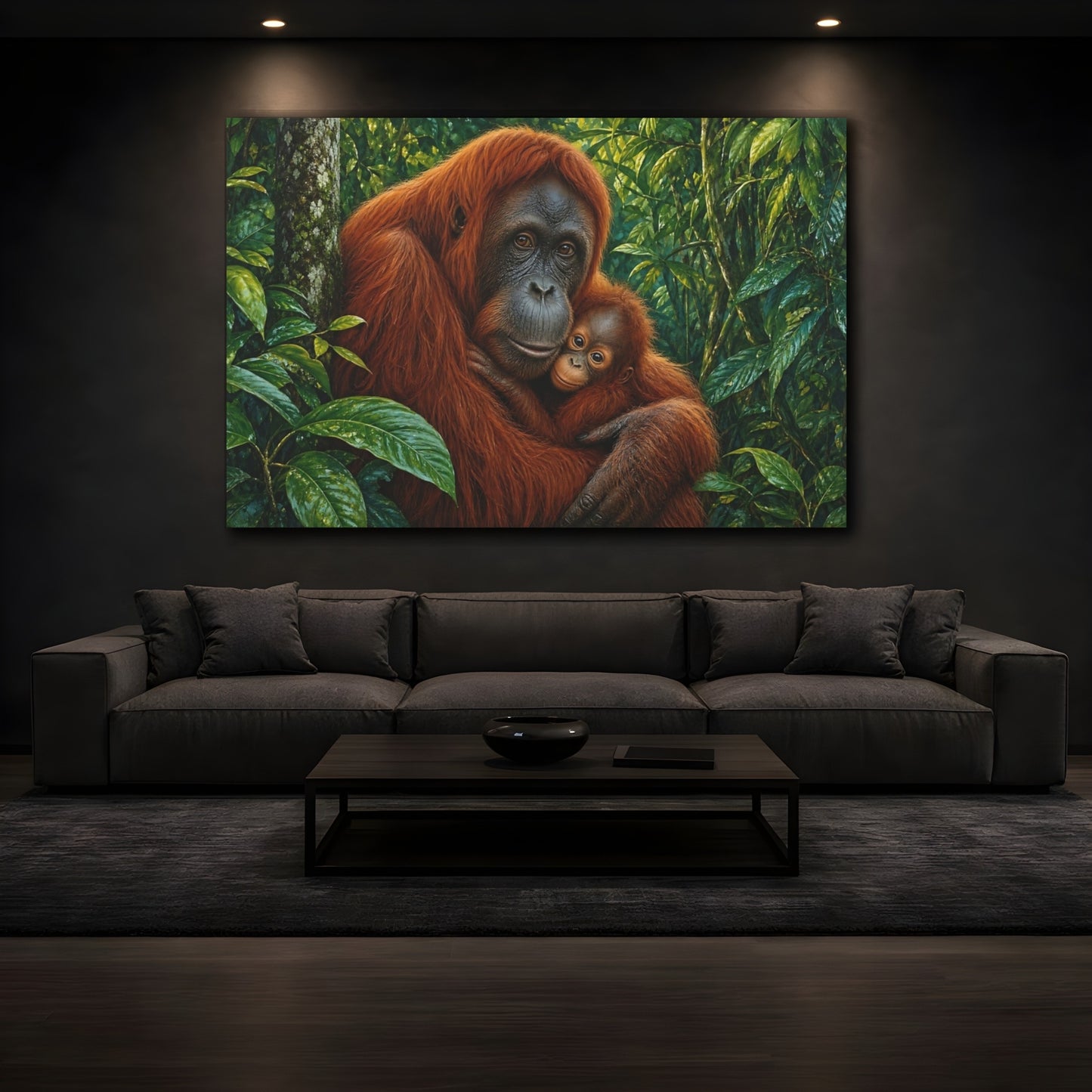 Mockup 4. Rich Layered Realism Orangutan Holding Baby In Rainforest shown as stretched canvas wall art