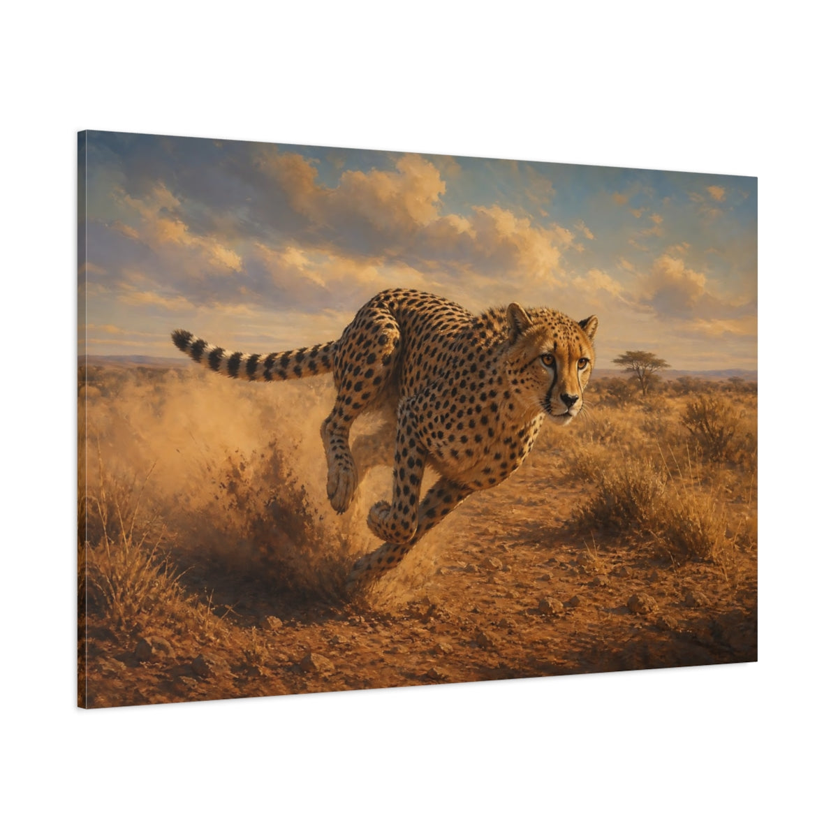 Side Mockup 1. Rich Layered Realism Running Cheetah Across Dusty Plain shown as stretched canvas wall art