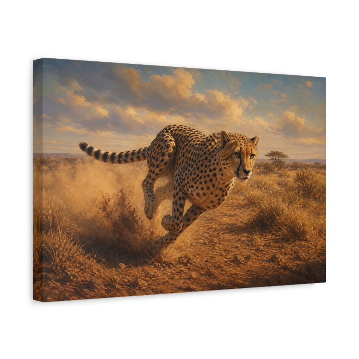 Side Mockup 4. Rich Layered Realism Running Cheetah Across Dusty Plain shown as stretched canvas wall art