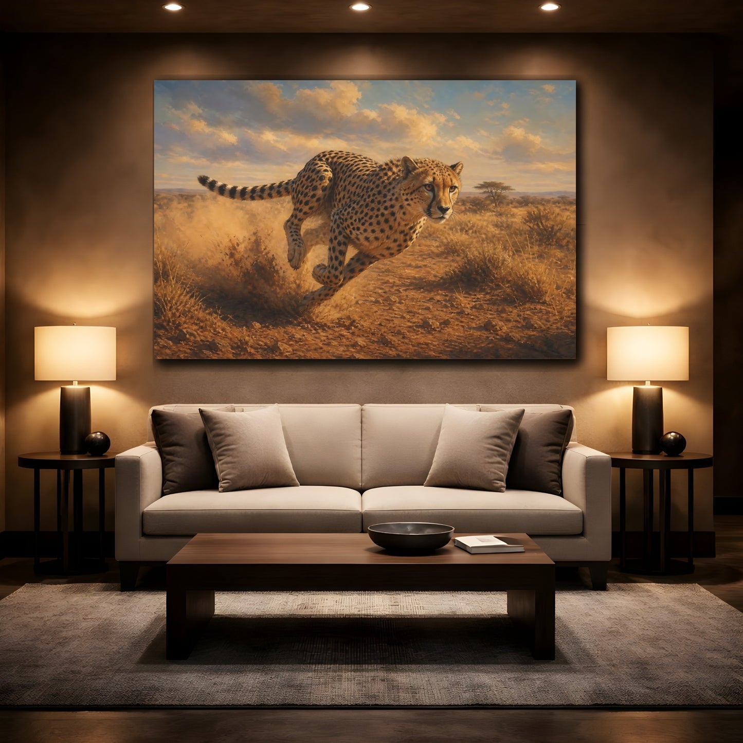 Mockup 2. Rich Layered Realism Running Cheetah Across Dusty Plain shown as stretched canvas wall art