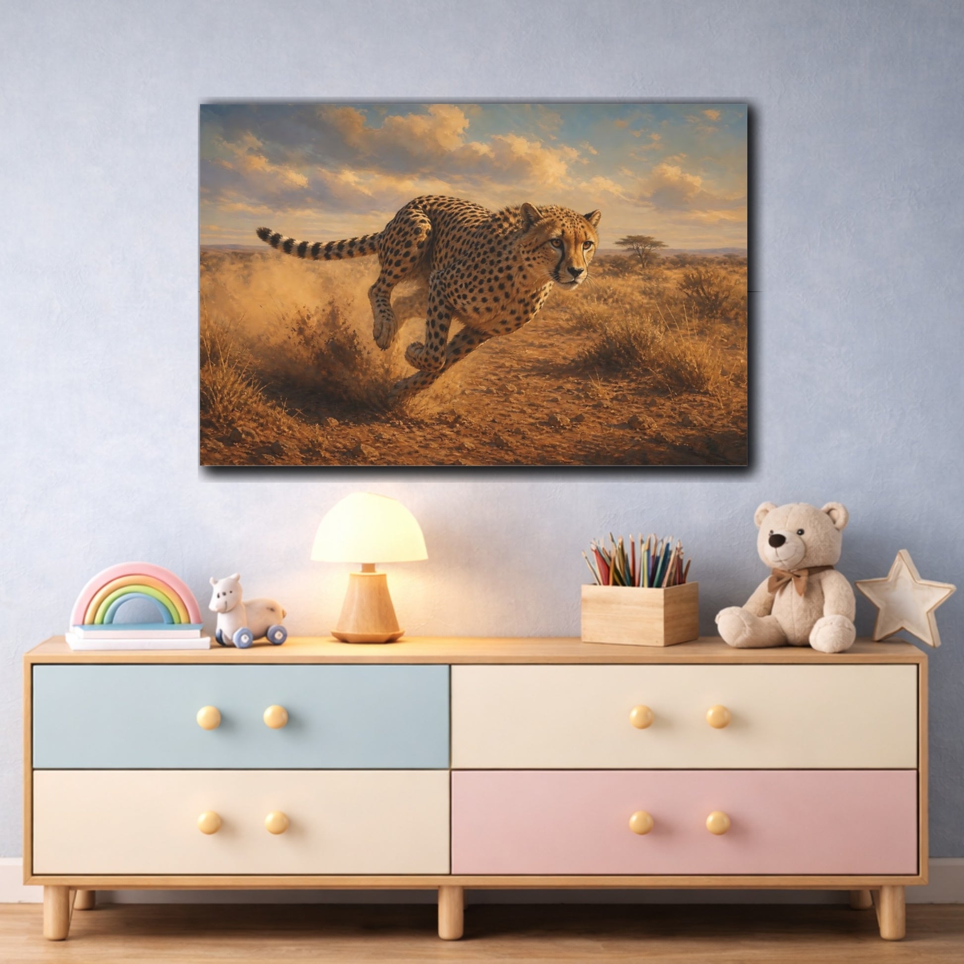 Mockup 3. Rich Layered Realism Running Cheetah Across Dusty Plain shown as stretched canvas wall art