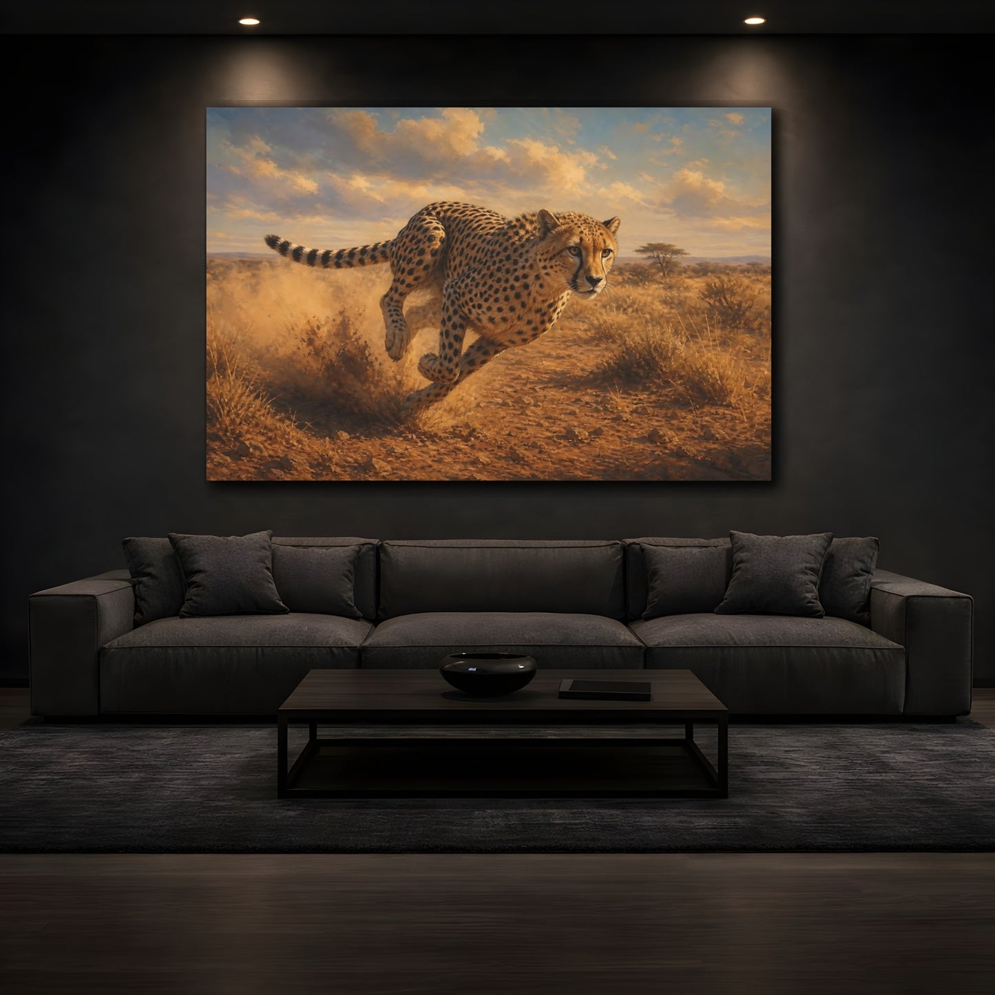 Mockup 4. Rich Layered Realism Running Cheetah Across Dusty Plain shown as stretched canvas wall art