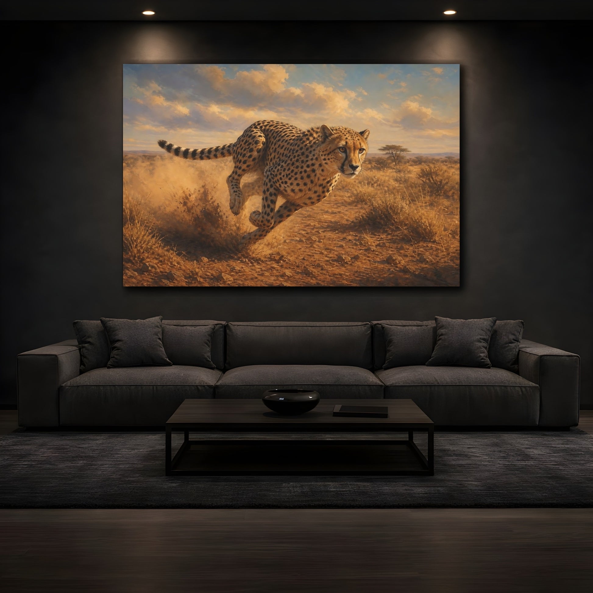 Mockup 4. Rich Layered Realism Running Cheetah Across Dusty Plain shown as stretched canvas wall art