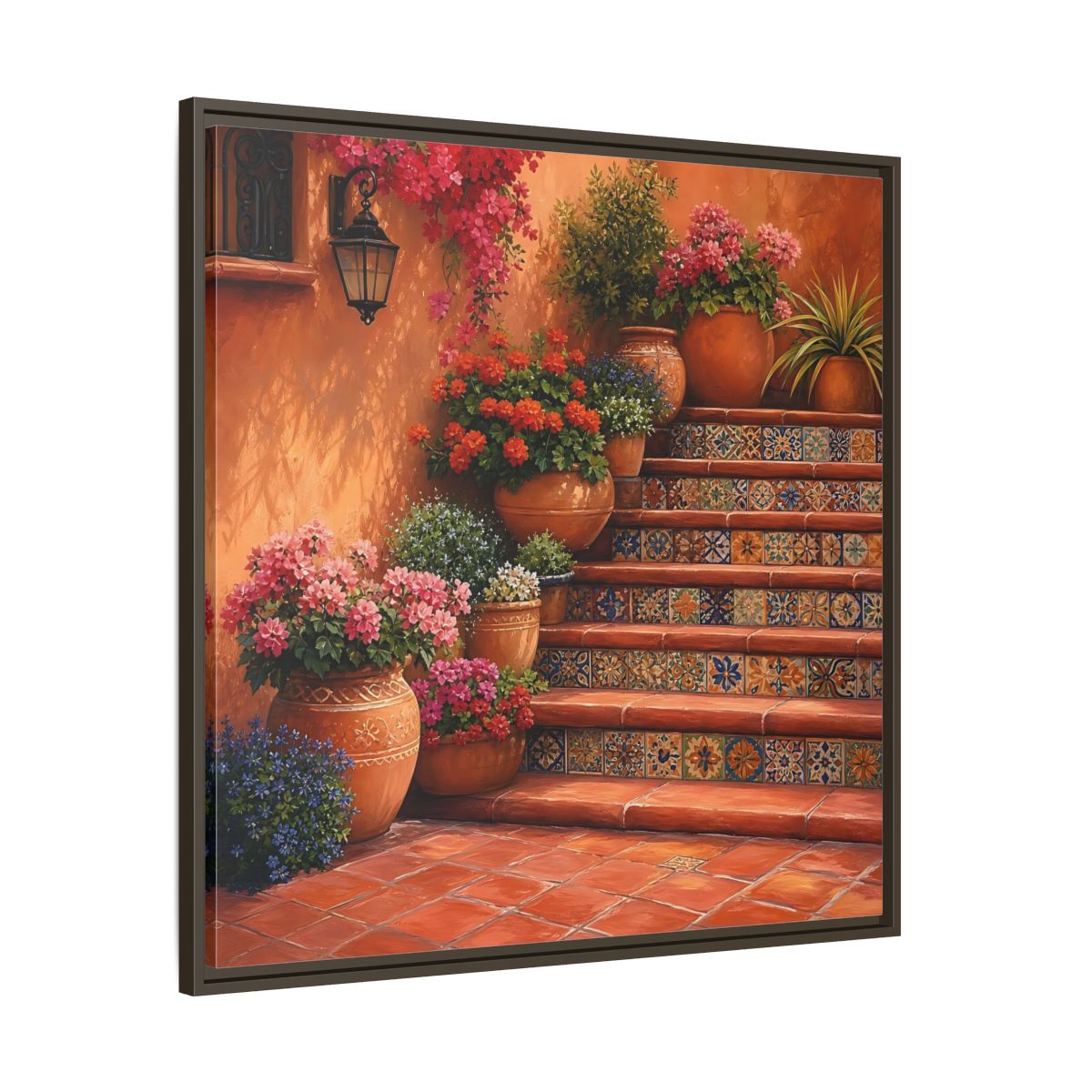 Main Mockup. Rich Layered Realism Terracotta Stairway With Flowering Pots shown as stretched canvas wall art