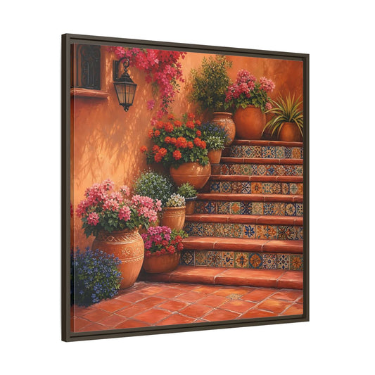 Main Mockup. Rich Layered Realism Terracotta Stairway With Flowering Pots shown as stretched canvas wall art