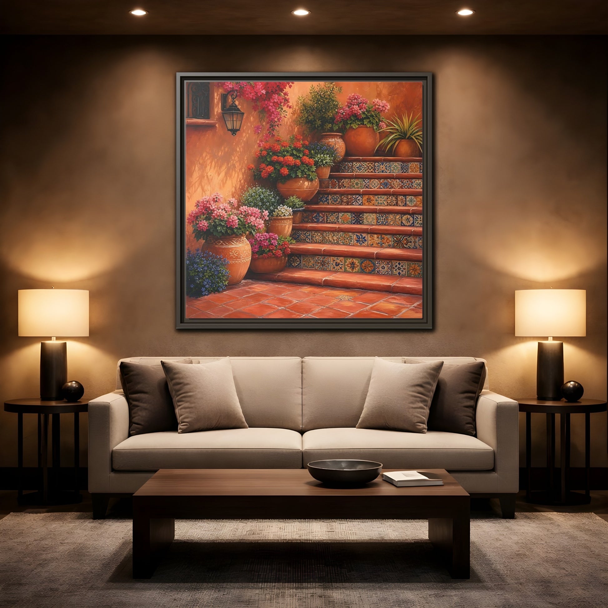 Mockup 2. Rich Layered Realism Terracotta Stairway With Flowering Pots shown as stretched canvas wall art