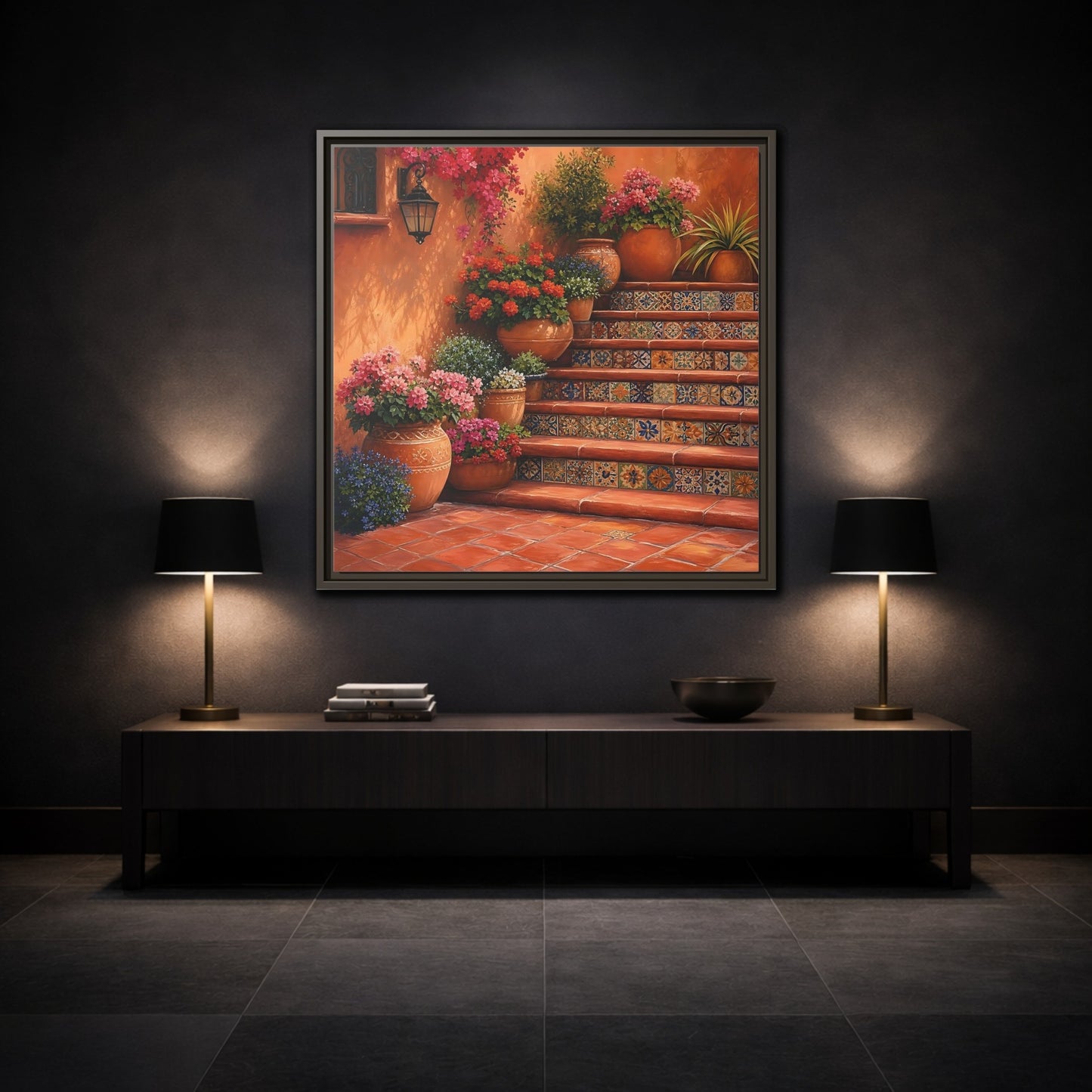 Mockup 3. Rich Layered Realism Terracotta Stairway With Flowering Pots shown as stretched canvas wall art