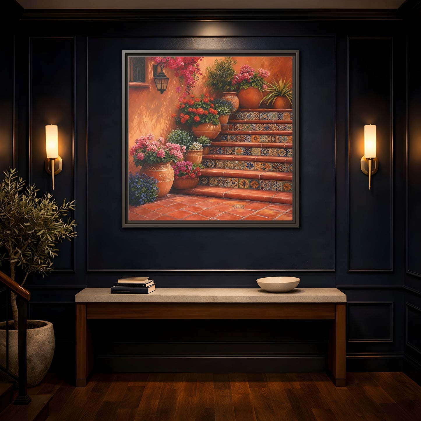 Mockup 4. Rich Layered Realism Terracotta Stairway With Flowering Pots shown as stretched canvas wall art