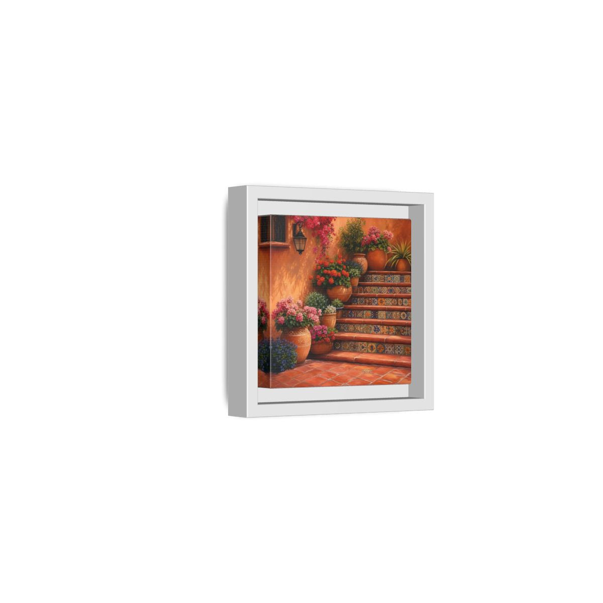 Side Mockup 22. Rich Layered Realism Terracotta Stairway With Flowering Pots shown as stretched canvas wall art