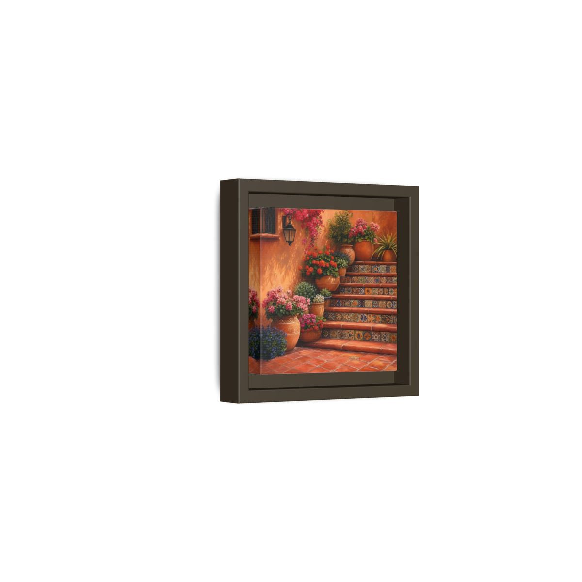 Side Mockup 23. Rich Layered Realism Terracotta Stairway With Flowering Pots shown as stretched canvas wall art