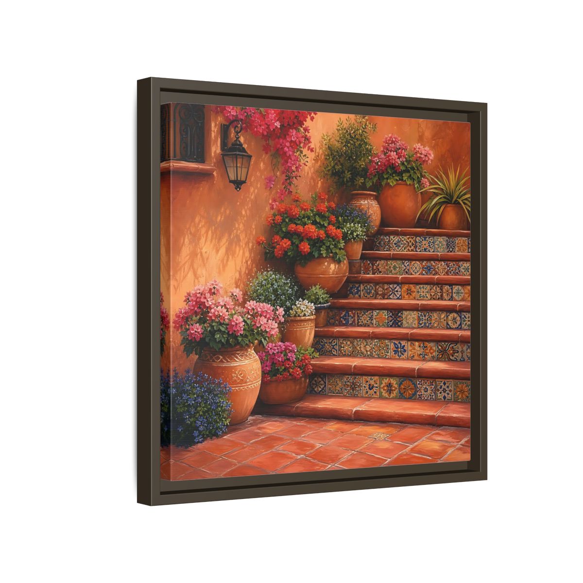Side Mockup 14. Rich Layered Realism Terracotta Stairway With Flowering Pots shown as stretched canvas wall art