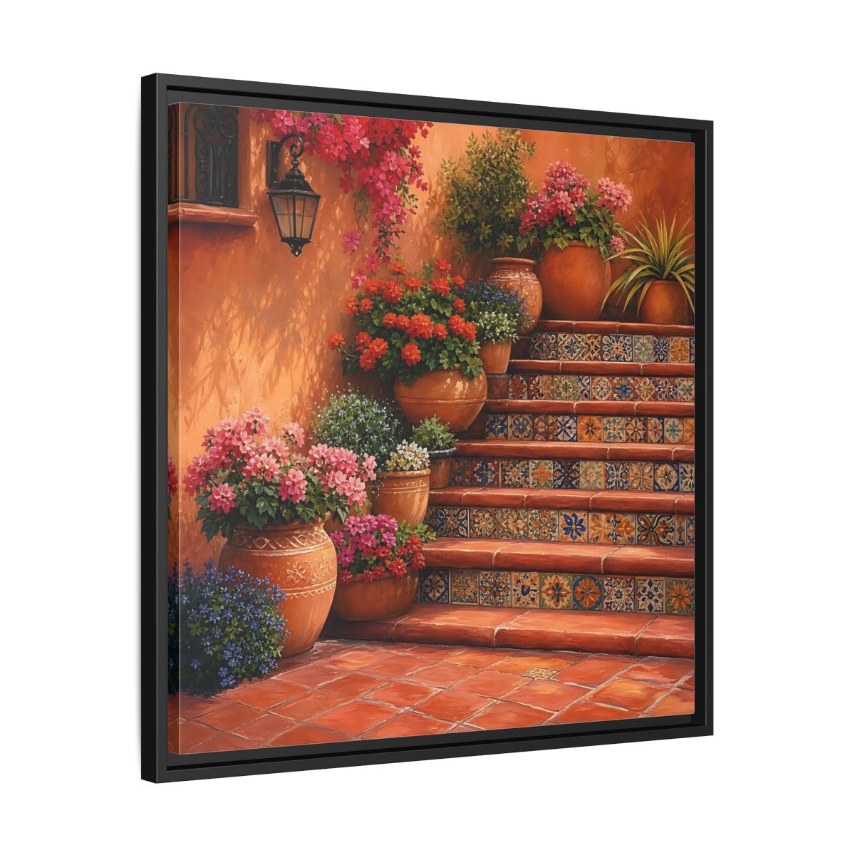 Side Mockup 31. Rich Layered Realism Terracotta Stairway With Flowering Pots shown as stretched canvas wall art