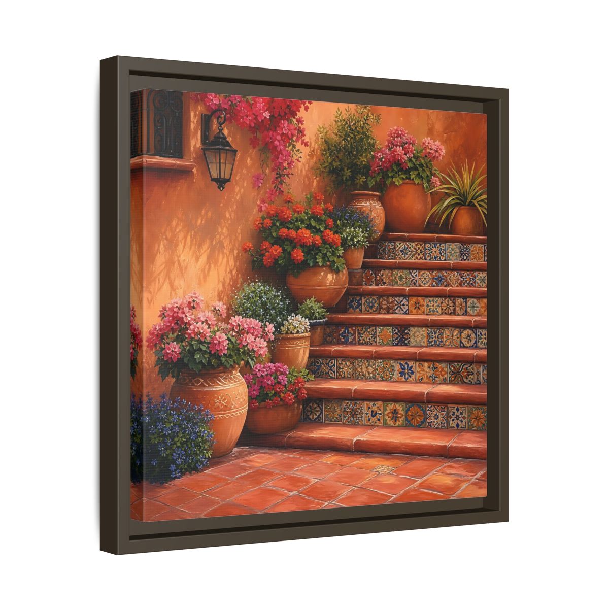 Side Mockup 29. Rich Layered Realism Terracotta Stairway With Flowering Pots shown as stretched canvas wall art