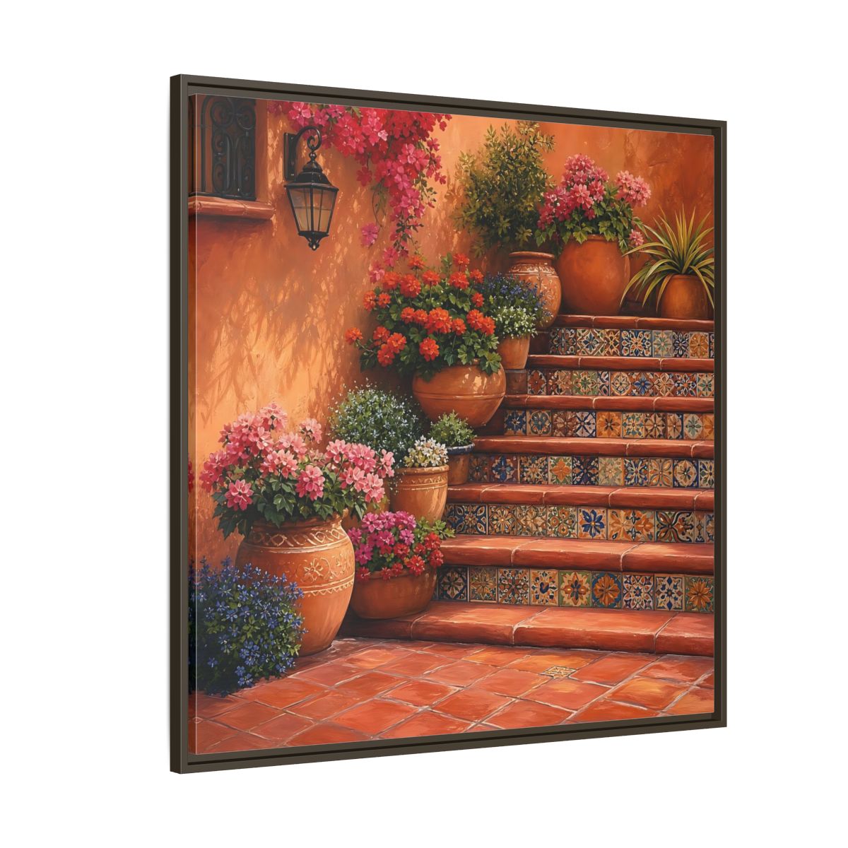 Side Mockup 5. Rich Layered Realism Terracotta Stairway With Flowering Pots shown as stretched canvas wall art