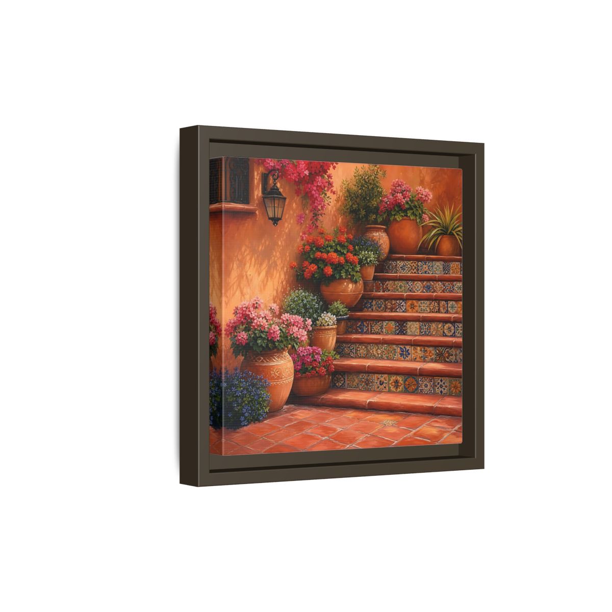Side Mockup 20. Rich Layered Realism Terracotta Stairway With Flowering Pots shown as stretched canvas wall art
