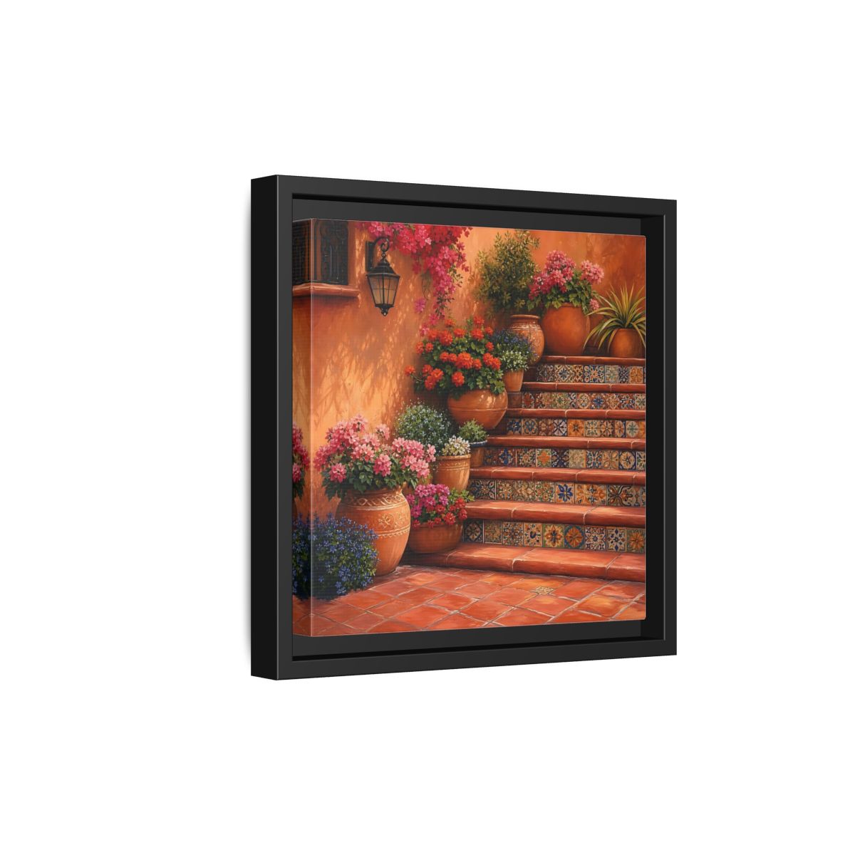 Side Mockup 21. Rich Layered Realism Terracotta Stairway With Flowering Pots shown as stretched canvas wall art