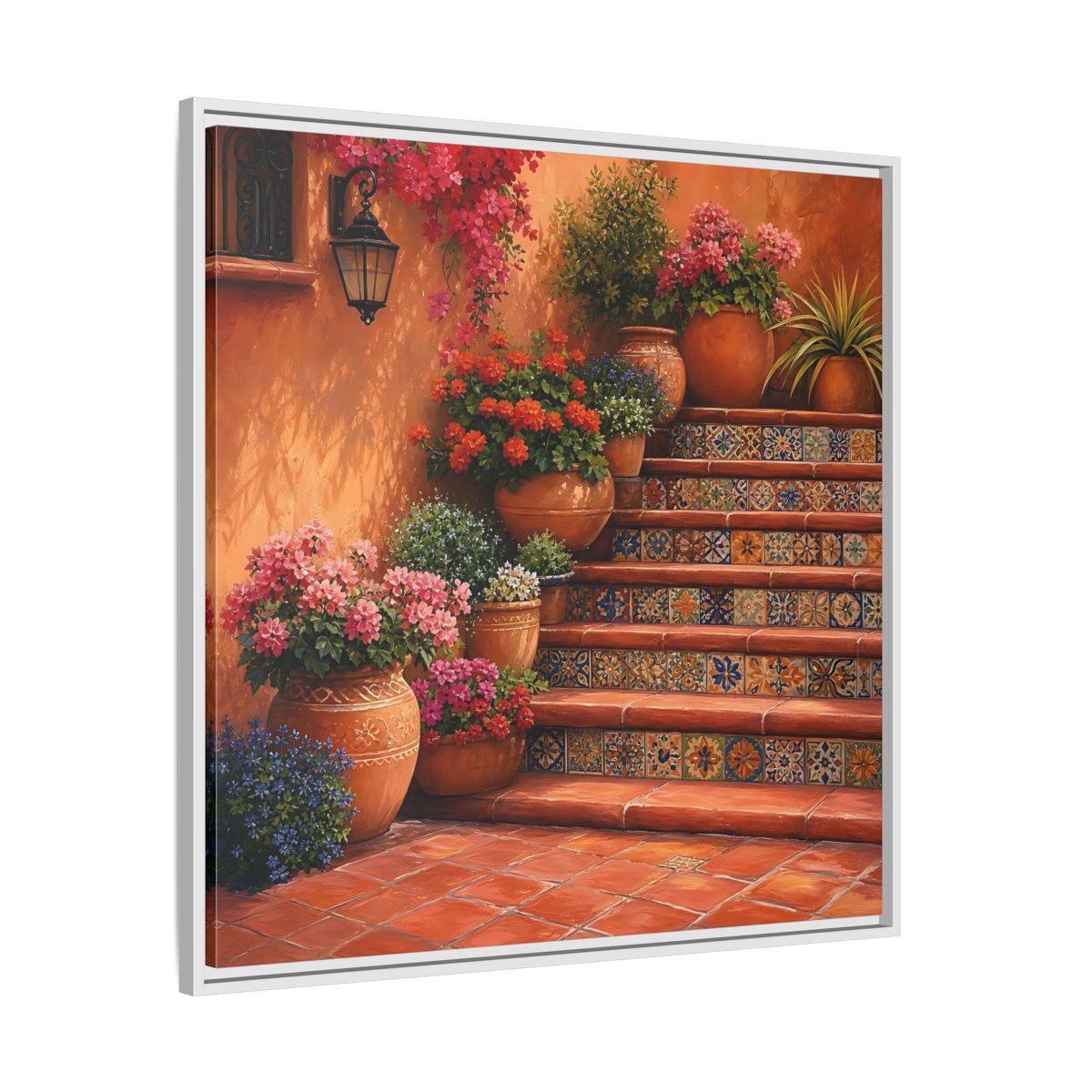 Side Mockup 25. Rich Layered Realism Terracotta Stairway With Flowering Pots shown as stretched canvas wall art