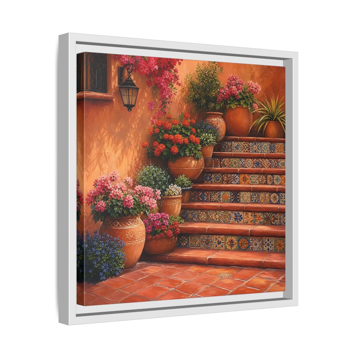 Side Mockup 28. Rich Layered Realism Terracotta Stairway With Flowering Pots shown as stretched canvas wall art