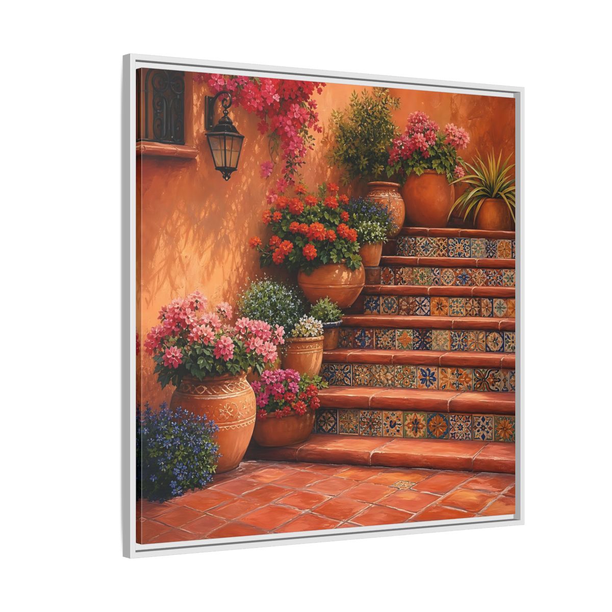Side Mockup 4. Rich Layered Realism Terracotta Stairway With Flowering Pots shown as stretched canvas wall art