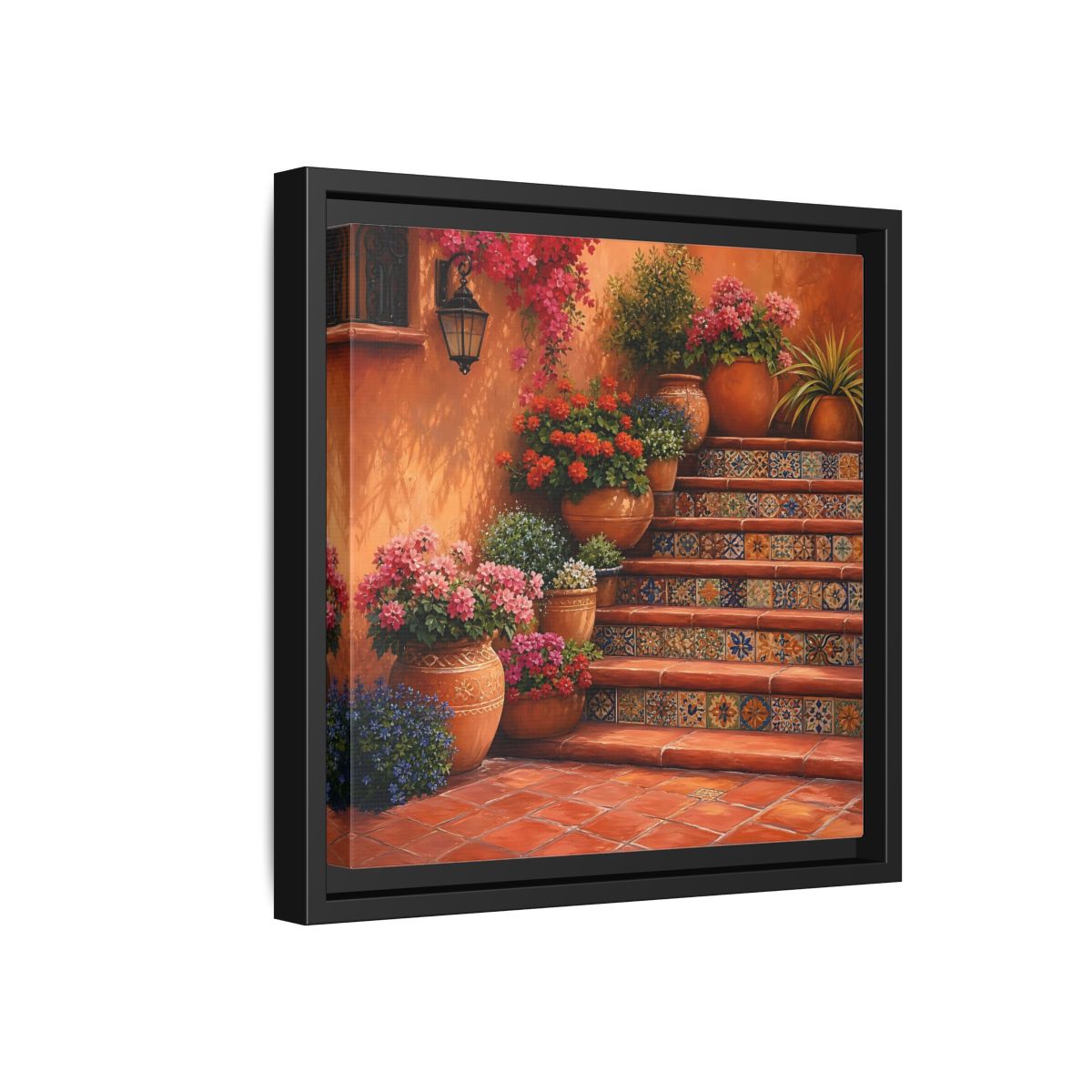 Side Mockup 18. Rich Layered Realism Terracotta Stairway With Flowering Pots shown as stretched canvas wall art