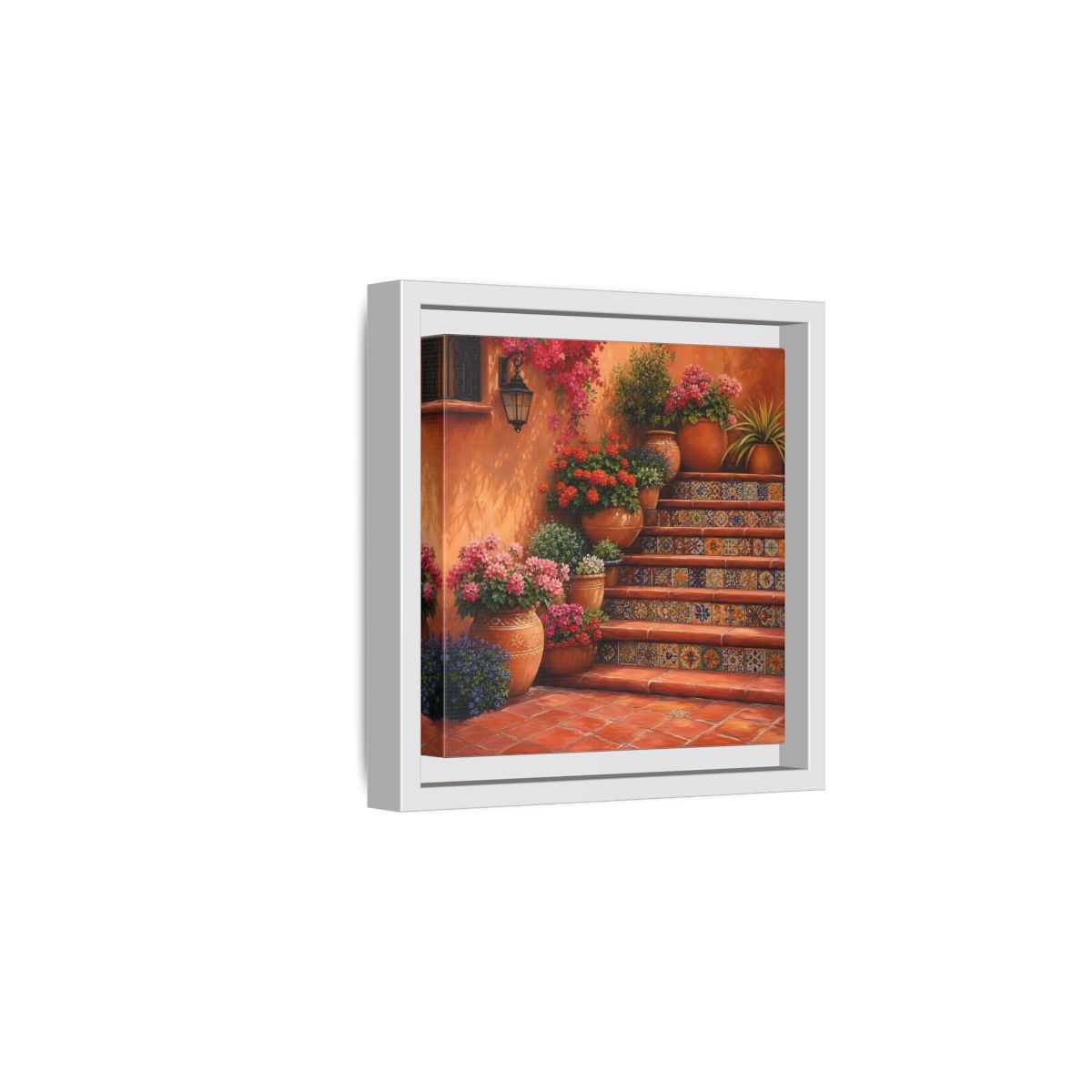 Side Mockup 1. Rich Layered Realism Terracotta Stairway With Flowering Pots shown as stretched canvas wall art