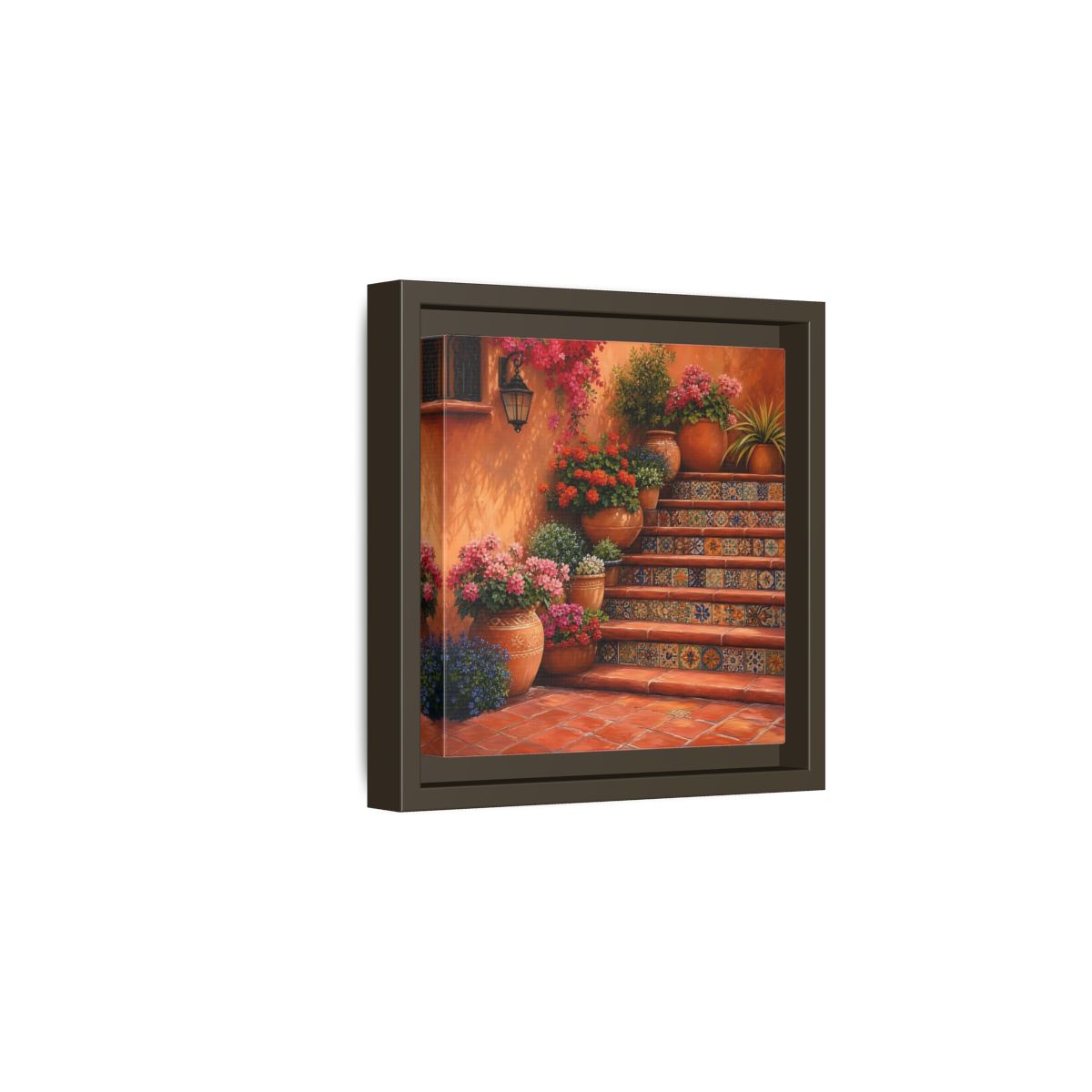 Side Mockup 2. Rich Layered Realism Terracotta Stairway With Flowering Pots shown as stretched canvas wall art