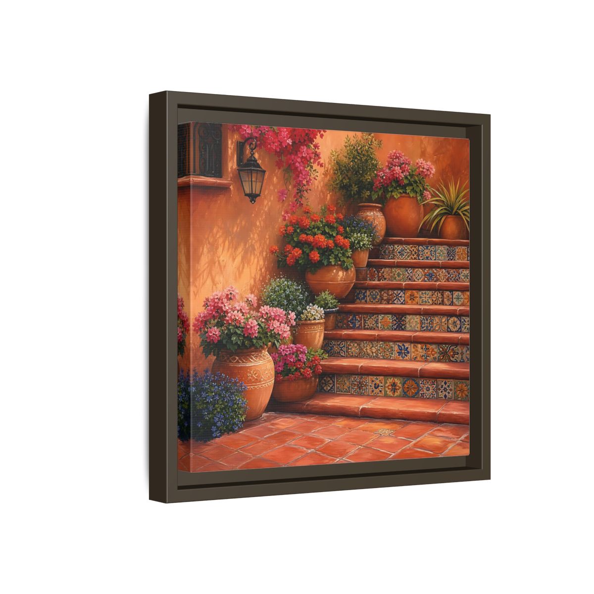 Side Mockup 17. Rich Layered Realism Terracotta Stairway With Flowering Pots shown as stretched canvas wall art
