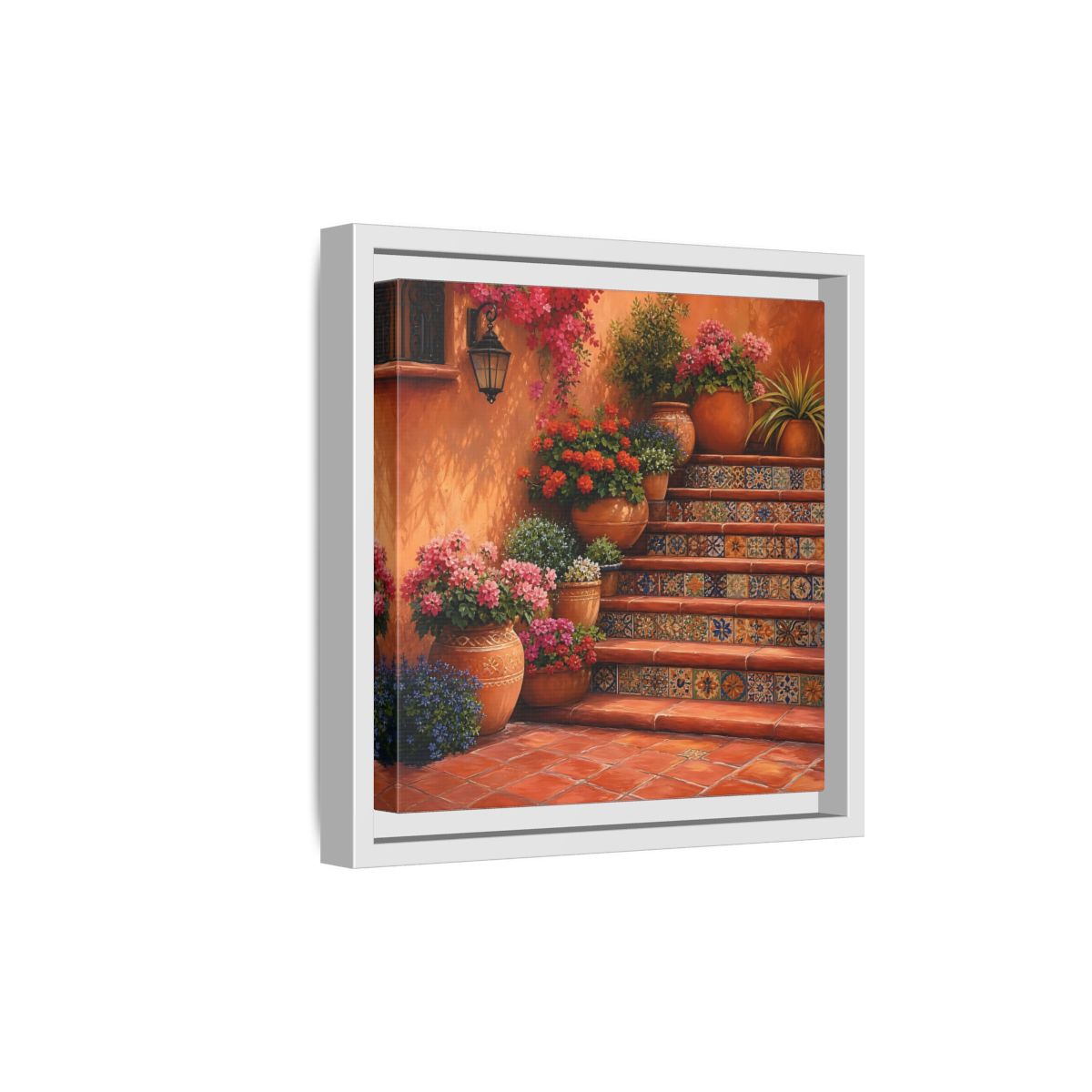 Side Mockup 19. Rich Layered Realism Terracotta Stairway With Flowering Pots shown as stretched canvas wall art