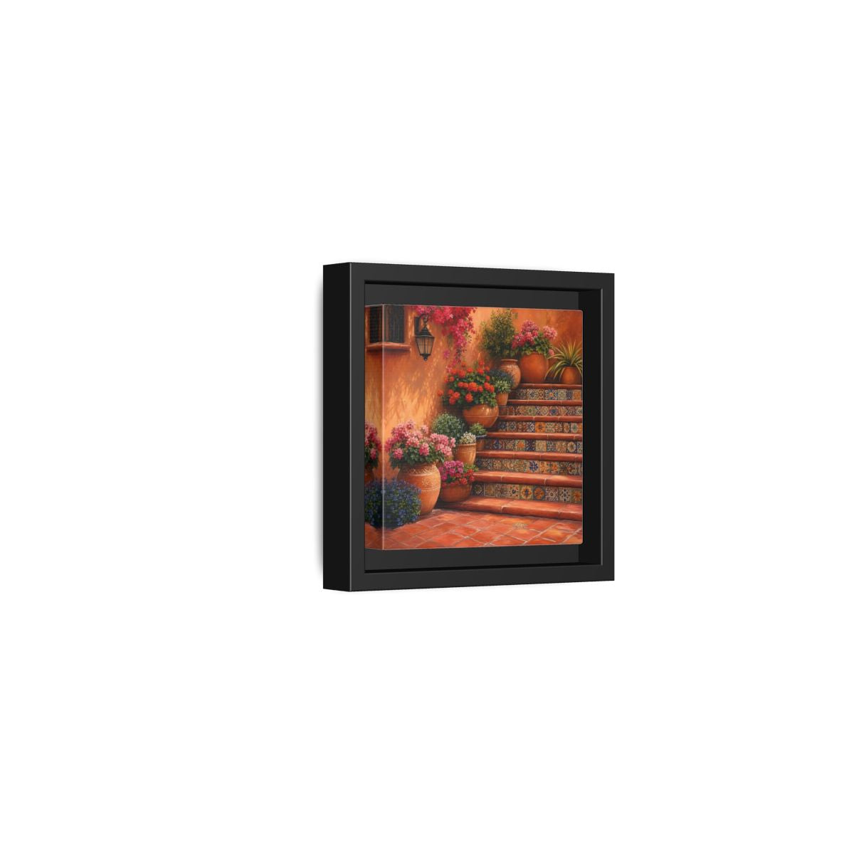 Side Mockup 24. Rich Layered Realism Terracotta Stairway With Flowering Pots shown as stretched canvas wall art