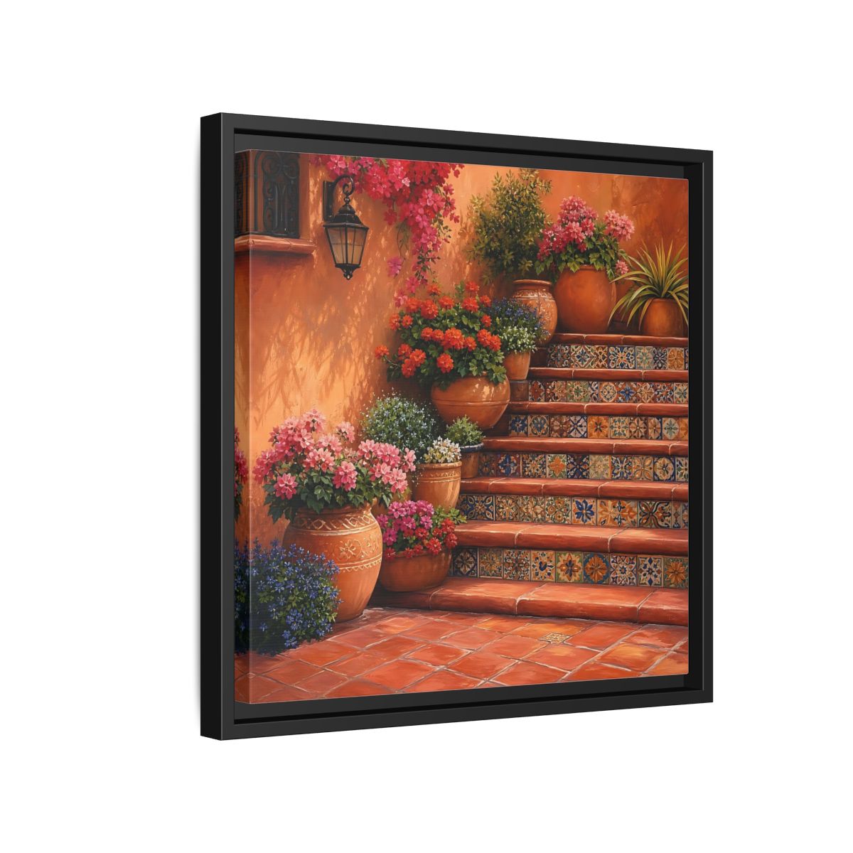 Side Mockup 15. Rich Layered Realism Terracotta Stairway With Flowering Pots shown as stretched canvas wall art