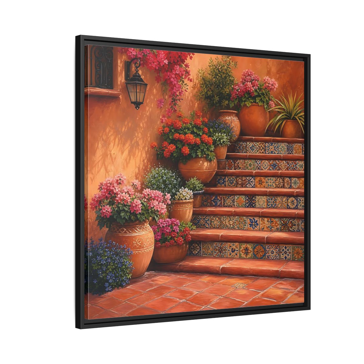 Side Mockup 9. Rich Layered Realism Terracotta Stairway With Flowering Pots shown as stretched canvas wall art