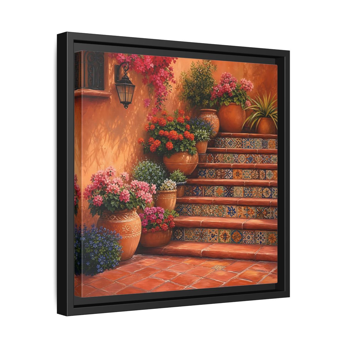 Side Mockup 32. Rich Layered Realism Terracotta Stairway With Flowering Pots shown as stretched canvas wall art