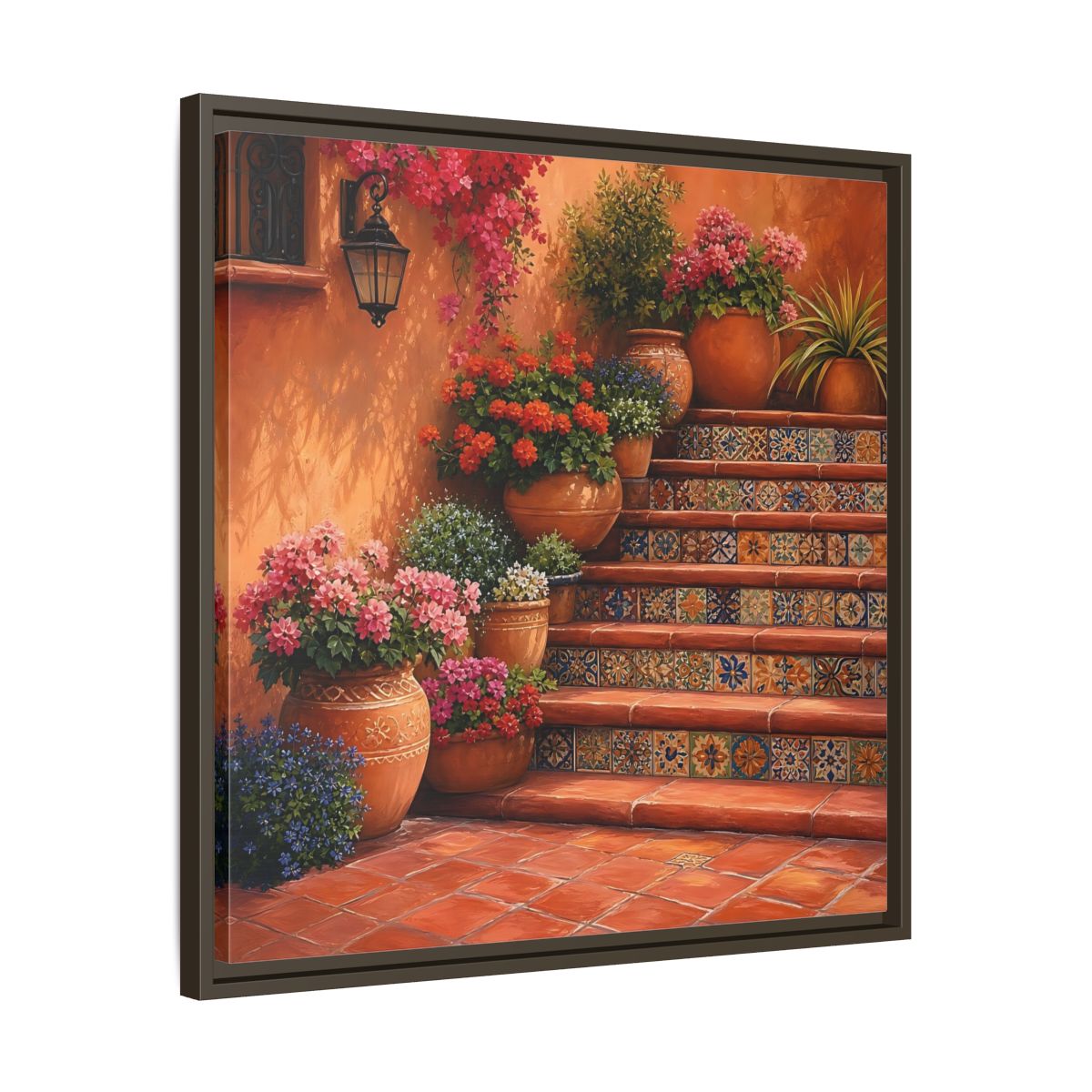 Side Mockup 27. Rich Layered Realism Terracotta Stairway With Flowering Pots shown as stretched canvas wall art