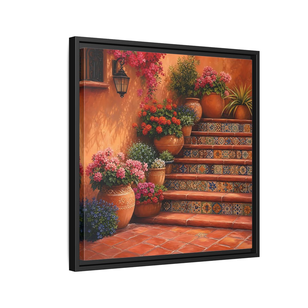 Side Mockup 12. Rich Layered Realism Terracotta Stairway With Flowering Pots shown as stretched canvas wall art