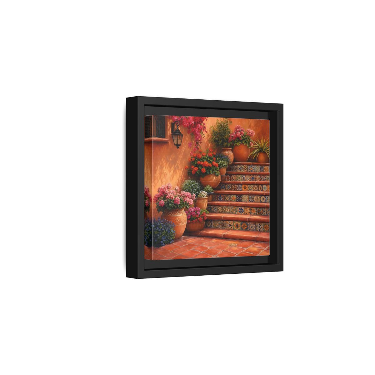 Side Mockup 3. Rich Layered Realism Terracotta Stairway With Flowering Pots shown as stretched canvas wall art