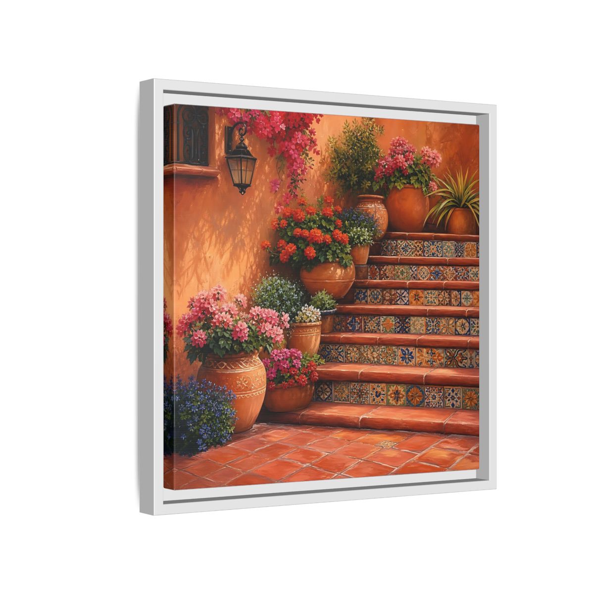 Side Mockup 13. Rich Layered Realism Terracotta Stairway With Flowering Pots shown as stretched canvas wall art