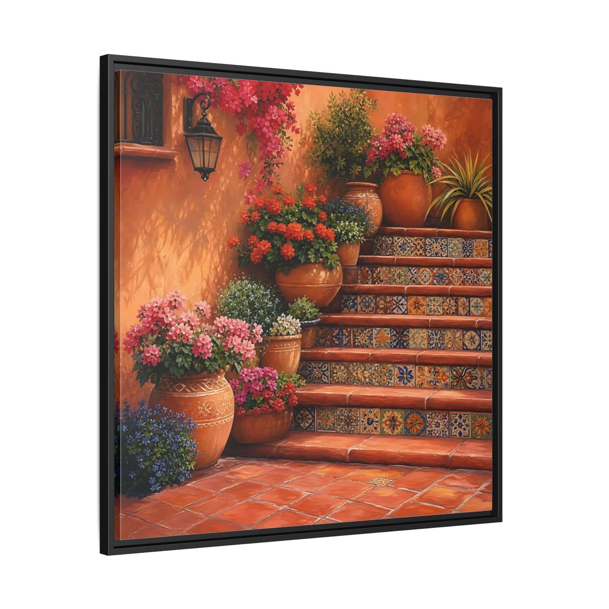 Side Mockup 30. Rich Layered Realism Terracotta Stairway With Flowering Pots shown as stretched canvas wall art